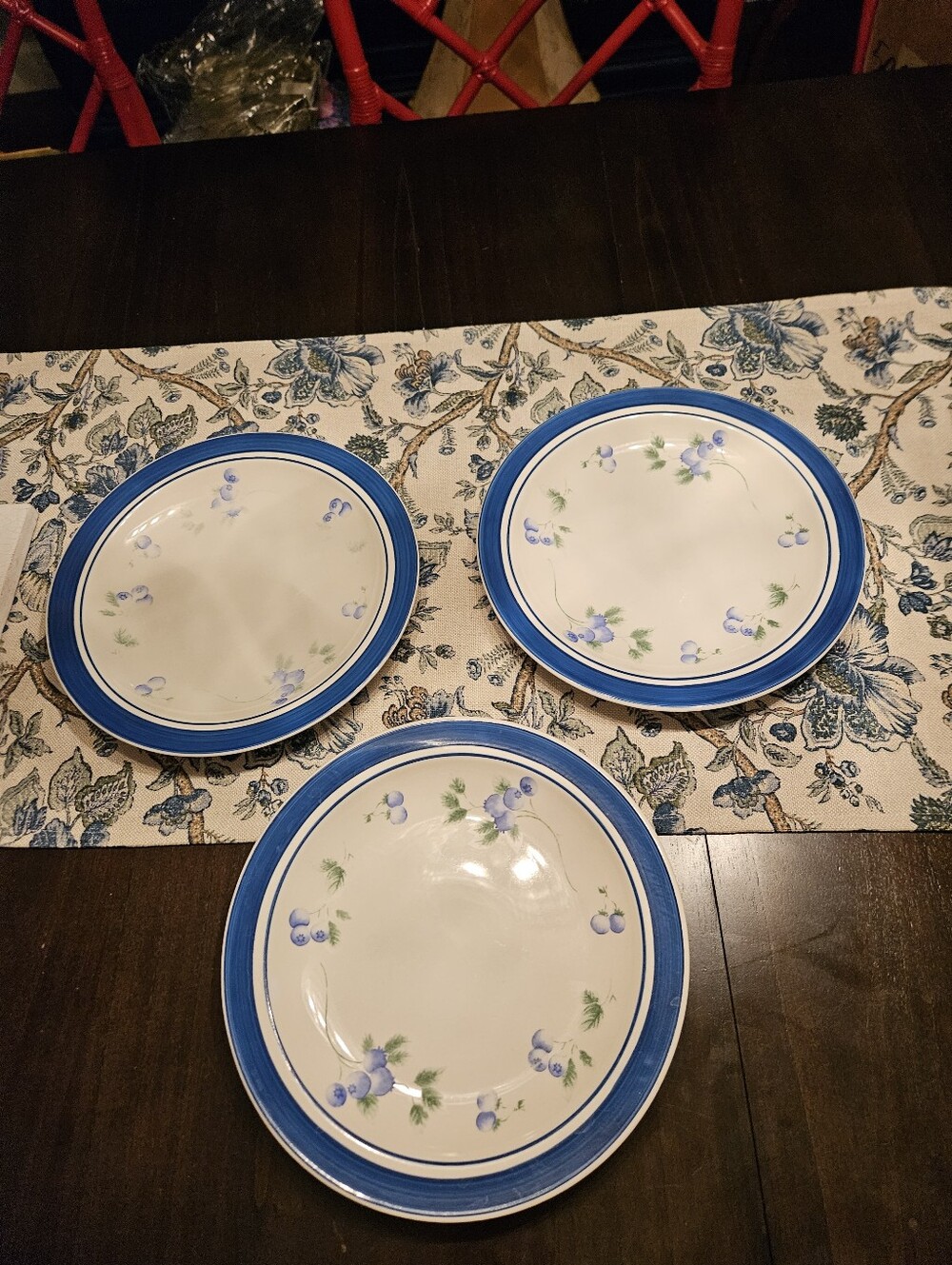LL Bean Blueberry-Accent Ceramic Dinner Plates - Set of 3 Stoneware